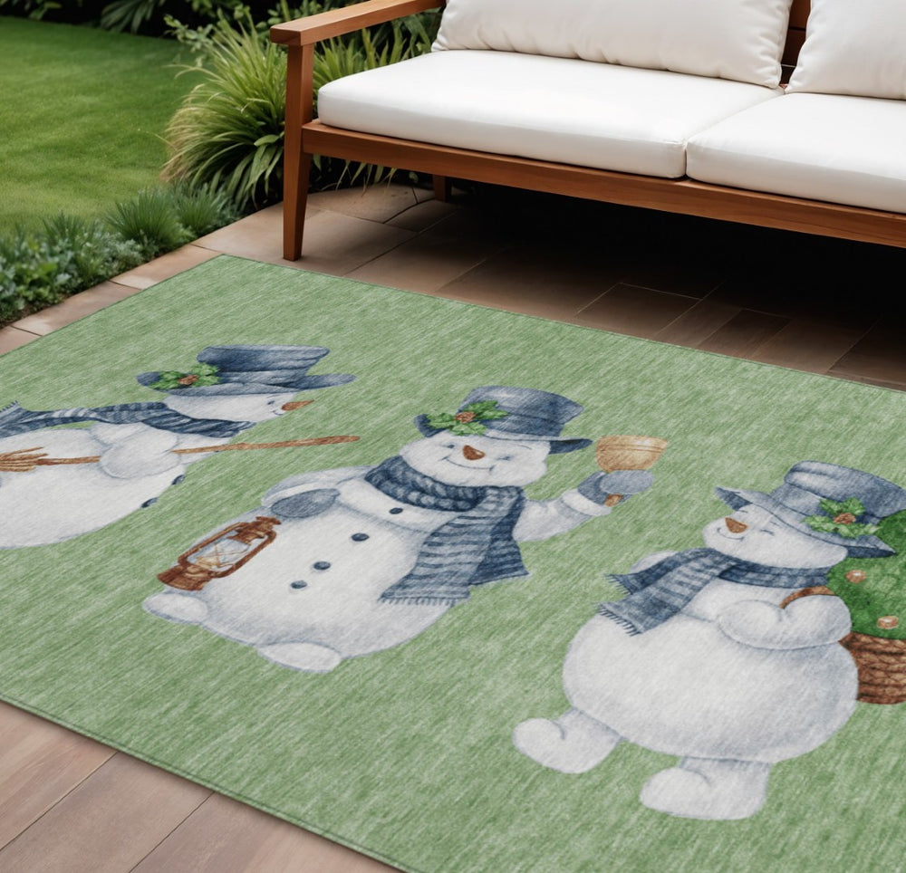 HomeRoots 10' X 14' Snowmen Indoor/Outdoor Area Rug in Artichoke Green & Denim Blue – Washable & Durable Décor 621741