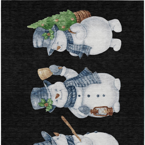 HomeRoots 5' X 8' Washable Indoor Outdoor Area Rug with Snowmen Design in Black Denim, Blue & Ivory Tones 621743