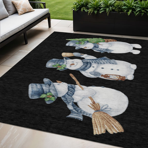HomeRoots 5' X 8' Washable Indoor Outdoor Area Rug with Snowmen Design in Black Denim, Blue & Ivory Tones 621743