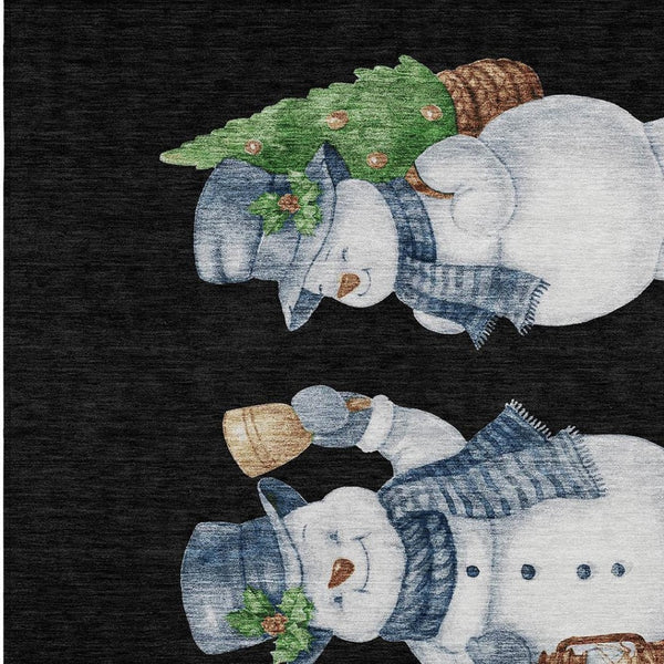 HomeRoots 5' X 8' Washable Indoor Outdoor Area Rug with Snowmen Design in Black Denim, Blue & Ivory Tones 621743