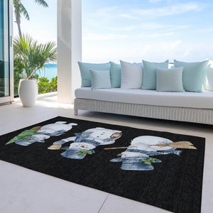 HomeRoots 5' X 8' Washable Indoor Outdoor Area Rug with Snowmen Design in Black Denim, Blue & Ivory Tones 621743
