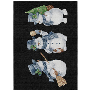 HomeRoots 5' X 8' Washable Indoor Outdoor Area Rug with Snowmen Design in Black Denim, Blue & Ivory Tones 621743
