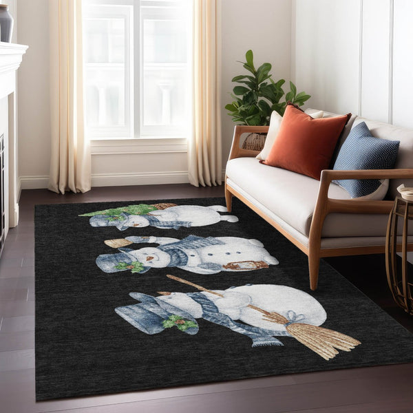 HomeRoots 5' X 8' Washable Indoor Outdoor Area Rug with Snowmen Design in Black Denim, Blue & Ivory Tones 621743