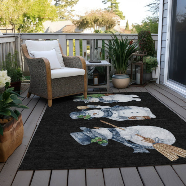 HomeRoots 5' X 8' Washable Indoor Outdoor Area Rug with Snowmen Design in Black Denim, Blue & Ivory Tones 621743