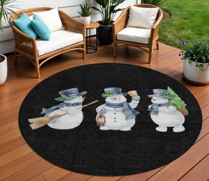 HomeRoots 8' Round Snowmen Area Rug in Black, Denim Blue & Ivory – Durable, Washable, Indoor/Outdoor Charm! 621744