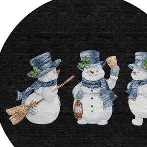 HomeRoots 8' Round Snowmen Area Rug in Black, Denim Blue & Ivory – Durable, Washable, Indoor/Outdoor Charm! 621744