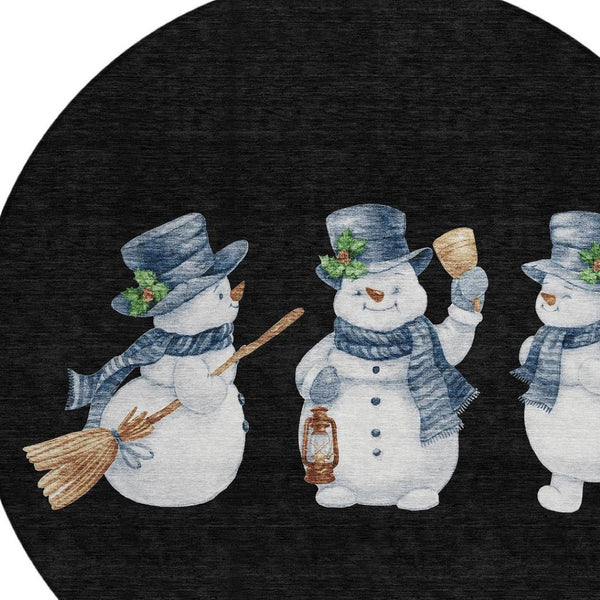 HomeRoots 8' Round Snowmen Area Rug in Black, Denim Blue & Ivory – Durable, Washable, Indoor/Outdoor Charm! 621744
