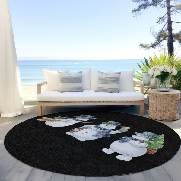 HomeRoots 8' Round Snowmen Area Rug in Black, Denim Blue & Ivory – Durable, Washable, Indoor/Outdoor Charm! 621744