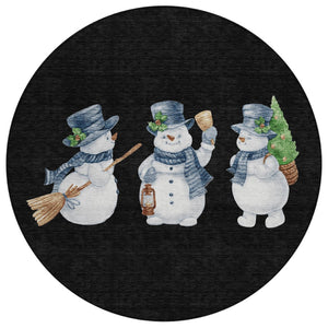HomeRoots 8' Round Snowmen Area Rug in Black, Denim Blue & Ivory – Durable, Washable, Indoor/Outdoor Charm! 621744