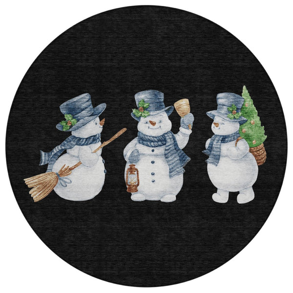 HomeRoots 8' Round Snowmen Area Rug in Black, Denim Blue & Ivory – Durable, Washable, Indoor/Outdoor Charm! 621744