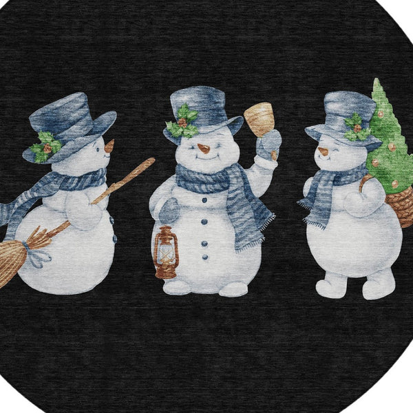 HomeRoots 8' Round Snowmen Area Rug in Black, Denim Blue & Ivory – Durable, Washable, Indoor/Outdoor Charm! 621744