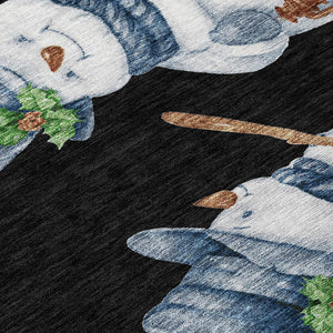 HomeRoots 8' Round Snowmen Area Rug in Black, Denim Blue & Ivory – Durable, Washable, Indoor/Outdoor Charm! 621744