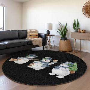 HomeRoots 8' Round Snowmen Area Rug in Black, Denim Blue & Ivory – Durable, Washable, Indoor/Outdoor Charm! 621744