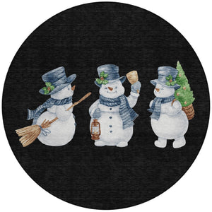 HomeRoots 8' Round Snowmen Area Rug in Black, Denim Blue & Ivory – Durable, Washable, Indoor/Outdoor Charm! 621744