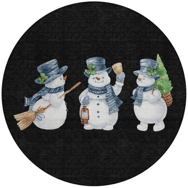 HomeRoots 8' Round Snowmen Area Rug in Black, Denim Blue & Ivory – Durable, Washable, Indoor/Outdoor Charm! 621744