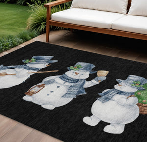 HomeRoots 9' X 12' Snowmen Area Rug - Black, Denim Blue & Ivory - Washable, Durable, Indoor/Outdoor Decor 621746