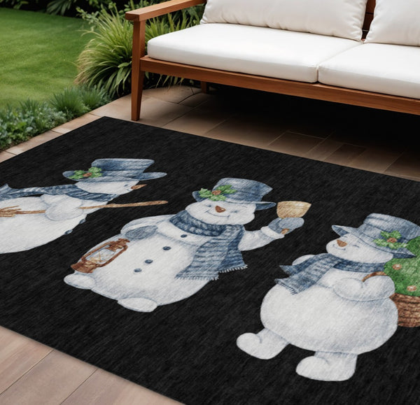 HomeRoots 9' X 12' Snowmen Area Rug - Black, Denim Blue & Ivory - Washable, Durable, Indoor/Outdoor Decor 621746