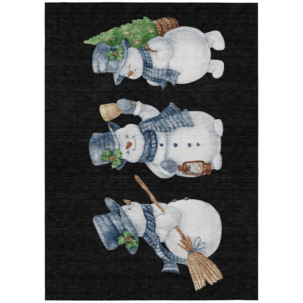 HomeRoots 9' X 12' Snowmen Area Rug - Black, Denim Blue & Ivory - Washable, Durable, Indoor/Outdoor Decor 621746
