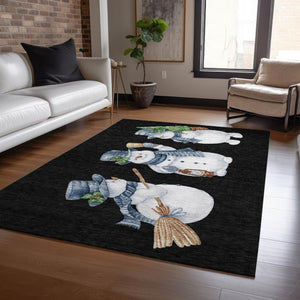 HomeRoots 9' X 12' Snowmen Area Rug - Black, Denim Blue & Ivory - Washable, Durable, Indoor/Outdoor Decor 621746