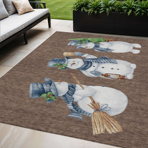 HomeRoots 5' Stylish Brown Denim Blue & Ivory Snowmen Washable Area Rug for Indoor & Outdoor Spaces 621749