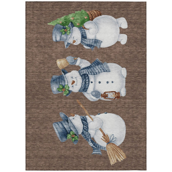 HomeRoots 5' Stylish Brown Denim Blue & Ivory Snowmen Washable Area Rug for Indoor & Outdoor Spaces 621749