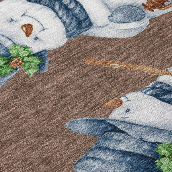 HomeRoots 5' Stylish Brown Denim Blue & Ivory Snowmen Washable Area Rug for Indoor & Outdoor Spaces 621749