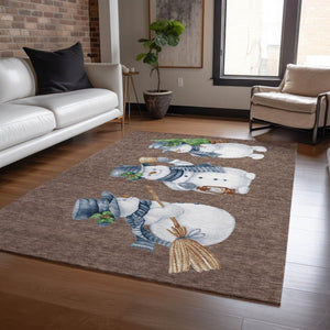 HomeRoots 5' Stylish Brown Denim Blue & Ivory Snowmen Washable Area Rug for Indoor & Outdoor Spaces 621749
