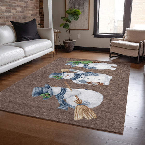 HomeRoots 5' Stylish Brown Denim Blue & Ivory Snowmen Washable Area Rug for Indoor & Outdoor Spaces 621749