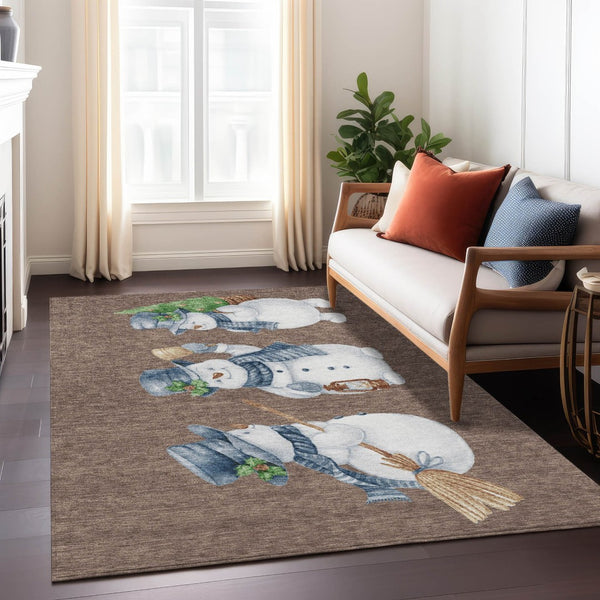HomeRoots 5' Stylish Brown Denim Blue & Ivory Snowmen Washable Area Rug for Indoor & Outdoor Spaces 621749