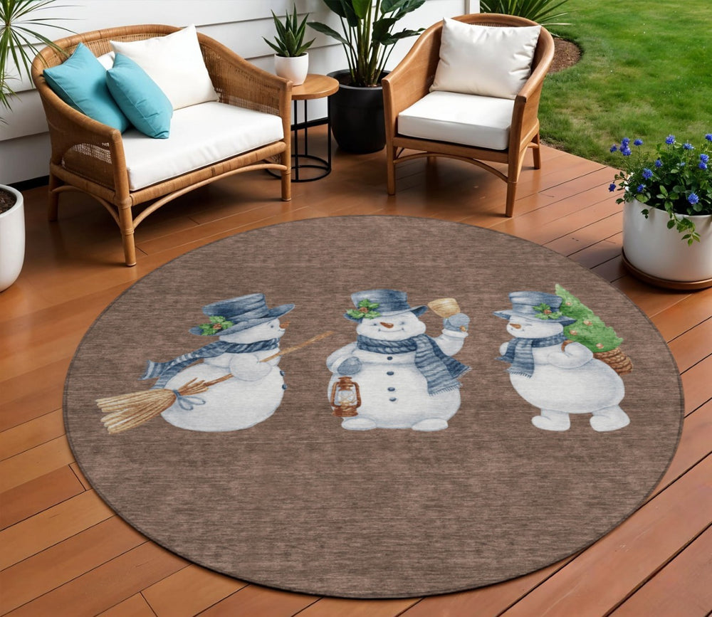 HomeRoots 8' Round Snowmen Area Rug – Stylish Brown Denim Blue & Ivory Indoor/Outdoor Washable Design for All Spaces 621750