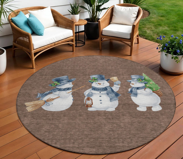 HomeRoots 8' Round Snowmen Area Rug – Stylish Brown Denim Blue & Ivory Indoor/Outdoor Washable Design for All Spaces 621750