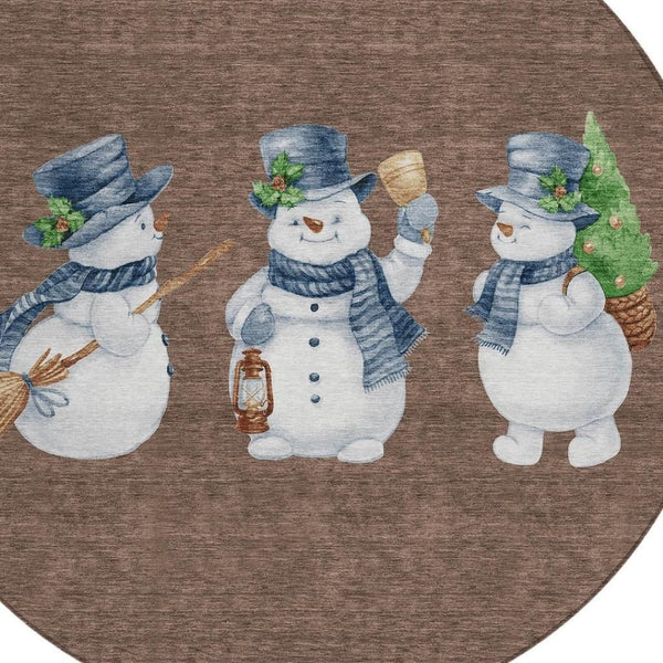 HomeRoots 8' Round Snowmen Area Rug – Stylish Brown Denim Blue & Ivory Indoor/Outdoor Washable Design for All Spaces 621750