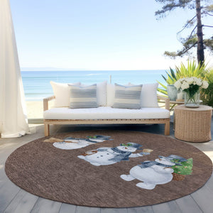 HomeRoots 8' Round Snowmen Area Rug – Stylish Brown Denim Blue & Ivory Indoor/Outdoor Washable Design for All Spaces 621750