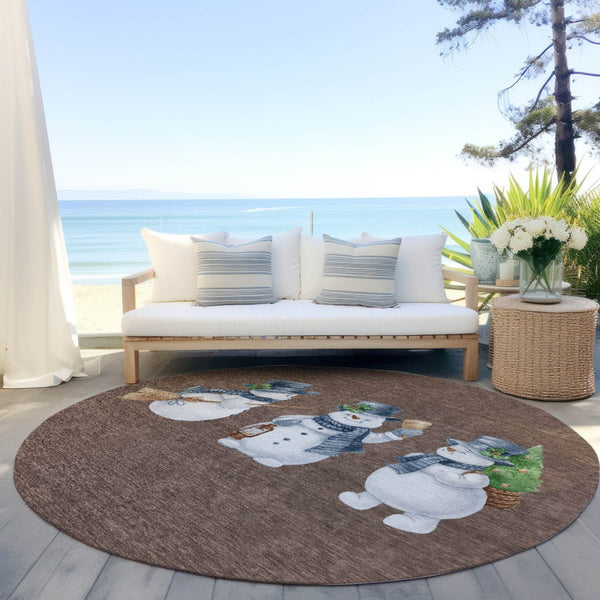 HomeRoots 8' Round Snowmen Area Rug – Stylish Brown Denim Blue & Ivory Indoor/Outdoor Washable Design for All Spaces 621750
