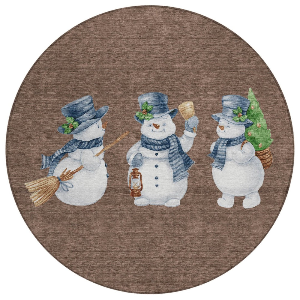 HomeRoots 8' Round Snowmen Area Rug – Stylish Brown Denim Blue & Ivory Indoor/Outdoor Washable Design for All Spaces 621750