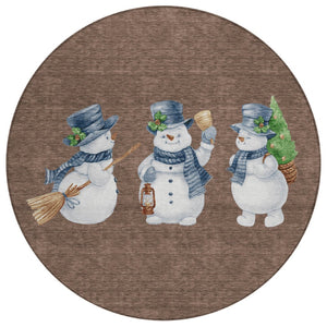 HomeRoots 8' Round Snowmen Area Rug – Stylish Brown Denim Blue & Ivory Indoor/Outdoor Washable Design for All Spaces 621750