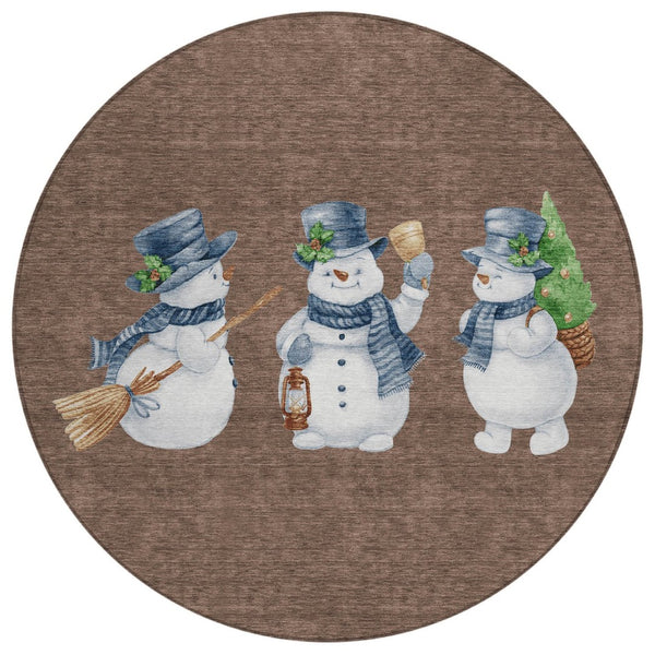 HomeRoots 8' Round Snowmen Area Rug – Stylish Brown Denim Blue & Ivory Indoor/Outdoor Washable Design for All Spaces 621750