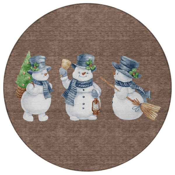 HomeRoots 8' Round Snowmen Area Rug – Stylish Brown Denim Blue & Ivory Indoor/Outdoor Washable Design for All Spaces 621750