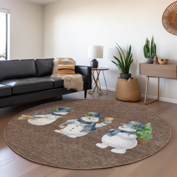 HomeRoots 8' Round Snowmen Area Rug – Stylish Brown Denim Blue & Ivory Indoor/Outdoor Washable Design for All Spaces 621750