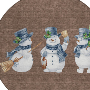 HomeRoots 8' Round Snowmen Area Rug – Stylish Brown Denim Blue & Ivory Indoor/Outdoor Washable Design for All Spaces 621750