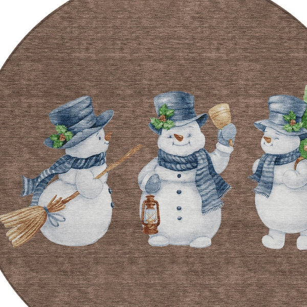 HomeRoots 8' Round Snowmen Area Rug – Stylish Brown Denim Blue & Ivory Indoor/Outdoor Washable Design for All Spaces 621750