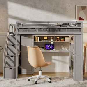 English Elm Full Loft Bed with Integrated Wardrobe Desk Shelving and Led Lighting for Teen Rooms Grey LT000927AAE