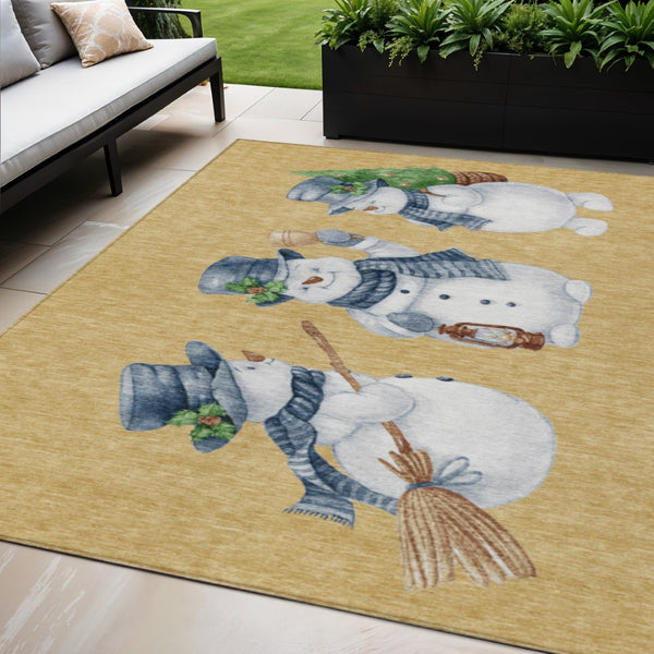 HomeRoots 5' X 8' Snowmen Area Rug in Gold, Denim Blue & Ivory – Washable, Durable & Perfect for Indoor/Outdoor Use 621755