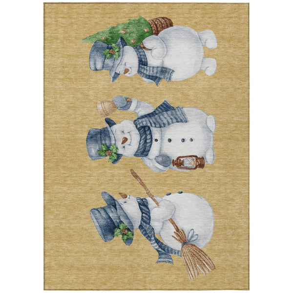 HomeRoots 5' X 8' Snowmen Area Rug in Gold, Denim Blue & Ivory – Washable, Durable & Perfect for Indoor/Outdoor Use 621755