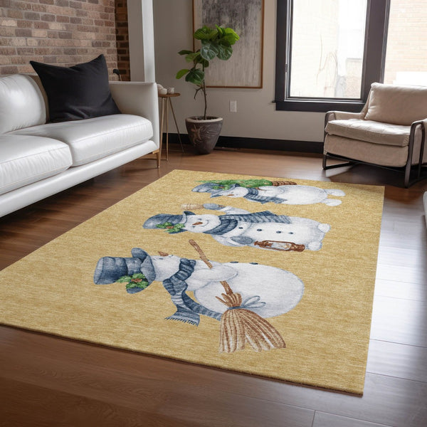 HomeRoots 5' X 8' Snowmen Area Rug in Gold, Denim Blue & Ivory – Washable, Durable & Perfect for Indoor/Outdoor Use 621755