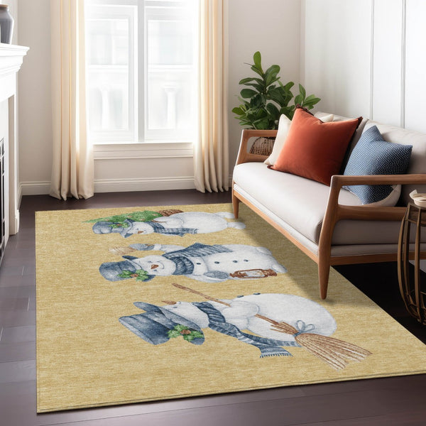 HomeRoots 5' X 8' Snowmen Area Rug in Gold, Denim Blue & Ivory – Washable, Durable & Perfect for Indoor/Outdoor Use 621755
