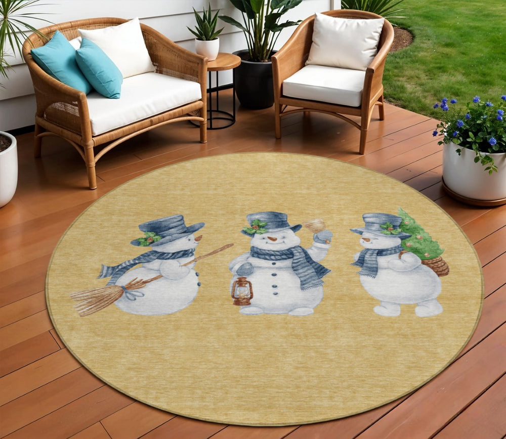 HomeRoots 8' Round Snowmen Area Rug in Gold, Denim Blue & Ivory - Washable, Durable for Indoor & Outdoor Use! 621756