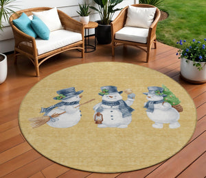 HomeRoots 8' Round Snowmen Area Rug in Gold, Denim Blue & Ivory - Washable, Durable for Indoor & Outdoor Use! 621756