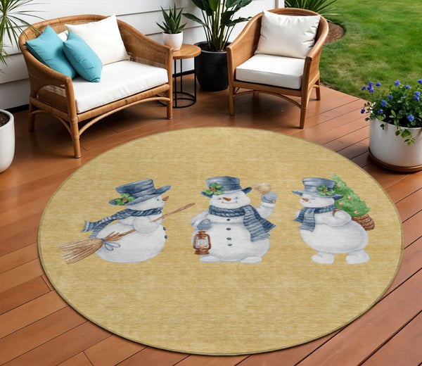 HomeRoots 8' Round Snowmen Area Rug in Gold, Denim Blue & Ivory - Washable, Durable for Indoor & Outdoor Use! 621756