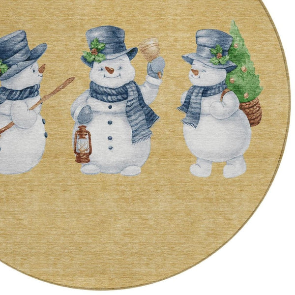 HomeRoots 8' Round Snowmen Area Rug in Gold, Denim Blue & Ivory - Washable, Durable for Indoor & Outdoor Use! 621756